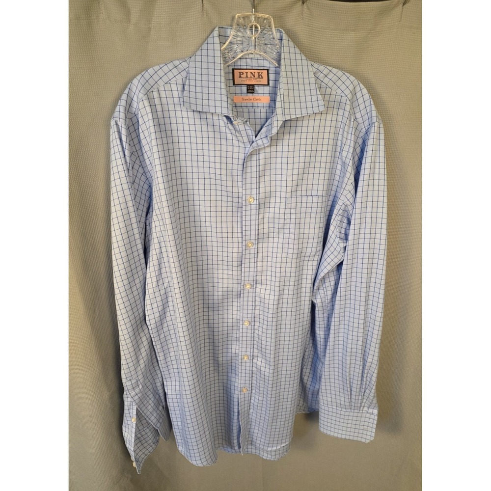 Thomas Pink Dress Shirt Light Blue Windowpane Size 16-36.5 Traveller Classic